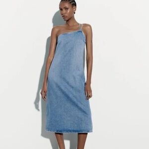 NWT ZARA ASYMMETRIC DENIM MIDI DRESS BLUE 8197/098 S